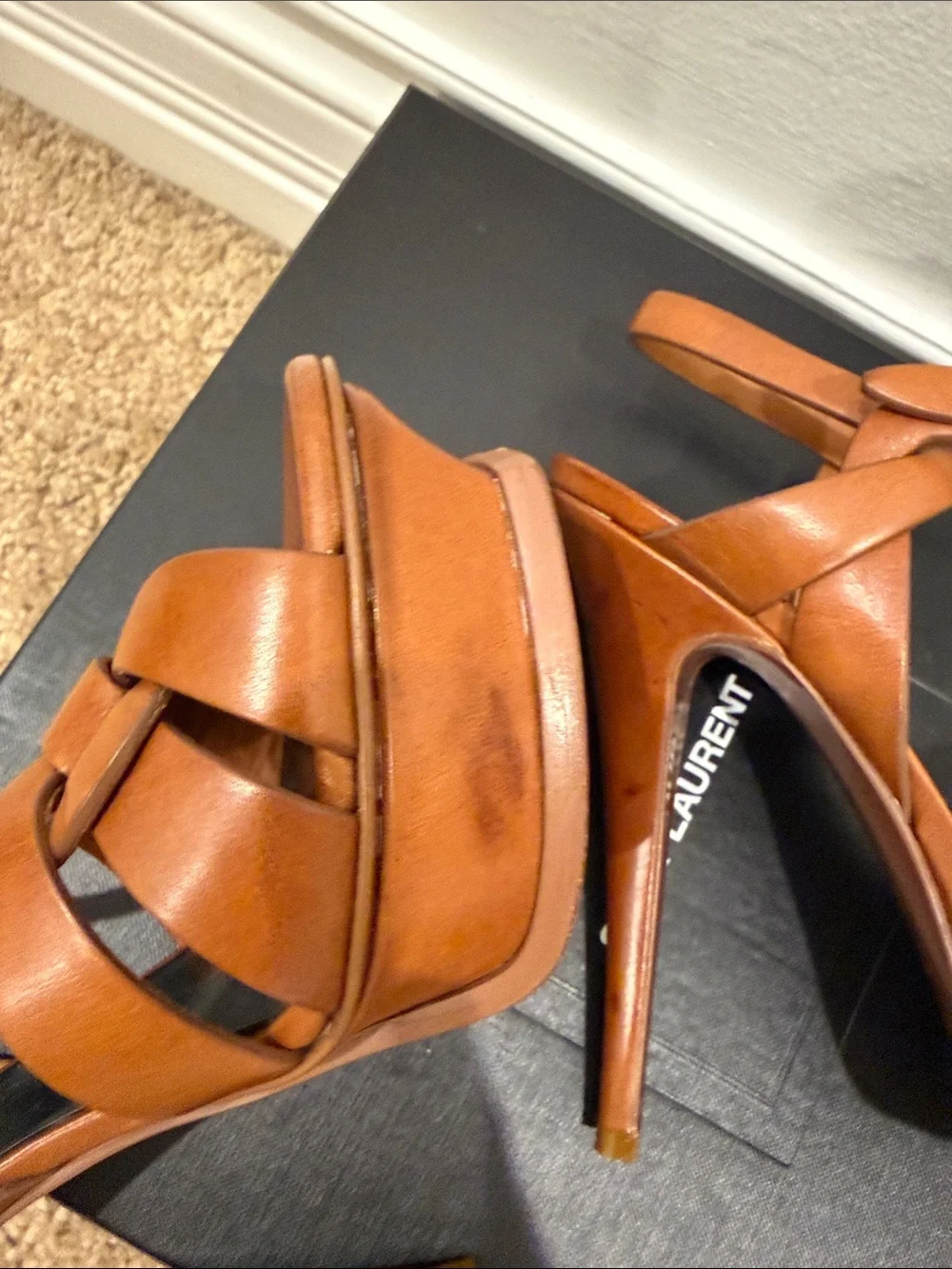 Saint Laurent Tribute 105 Camel Leather Platform Sandals Heels 37.5 Full Set - Picture 8 of 13